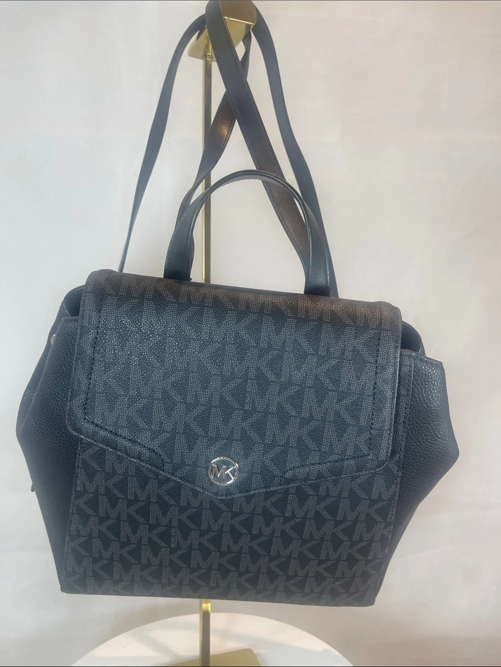 Michael Kors Black MK Logo Pattern Backpack , Size Medium.
